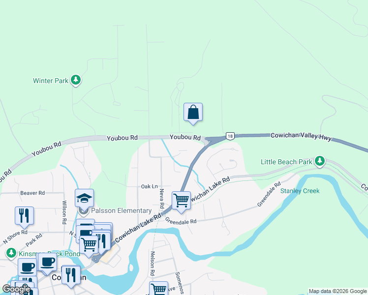 map of restaurants, bars, coffee shops, grocery stores, and more near 211 Madill Road in Lake Cowichan
