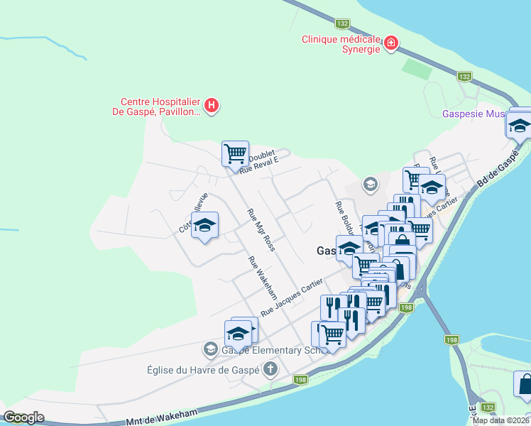 map of restaurants, bars, coffee shops, grocery stores, and more near 61 Boulevard de la Montagne in Gaspé