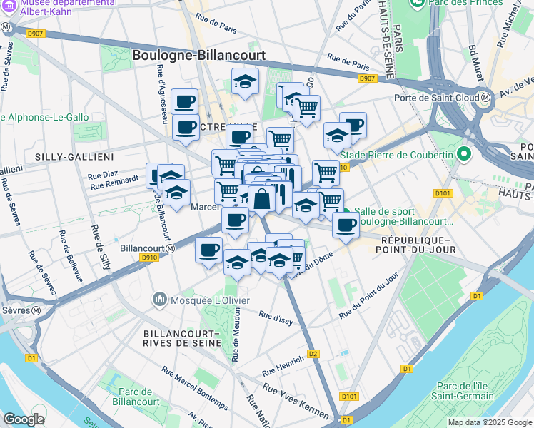 map of restaurants, bars, coffee shops, grocery stores, and more near 93 Boulevard de la République in Boulogne-Billancourt