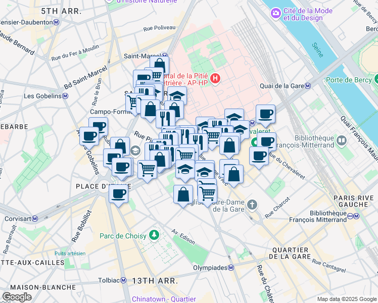 map of restaurants, bars, coffee shops, grocery stores, and more near 120 Boulevard Vincent Auriol in Paris