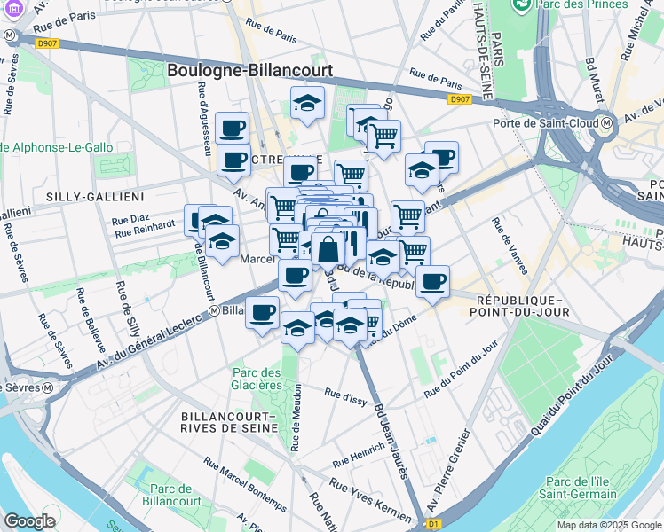 map of restaurants, bars, coffee shops, grocery stores, and more near 93 Boulevard de la République in Boulogne-Billancourt