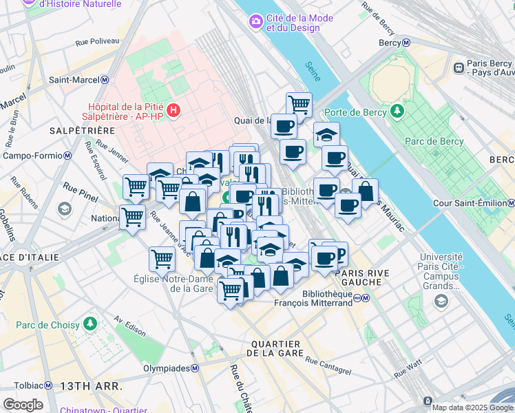 map of restaurants, bars, coffee shops, grocery stores, and more near 13 Rue Louise Weiss in Paris