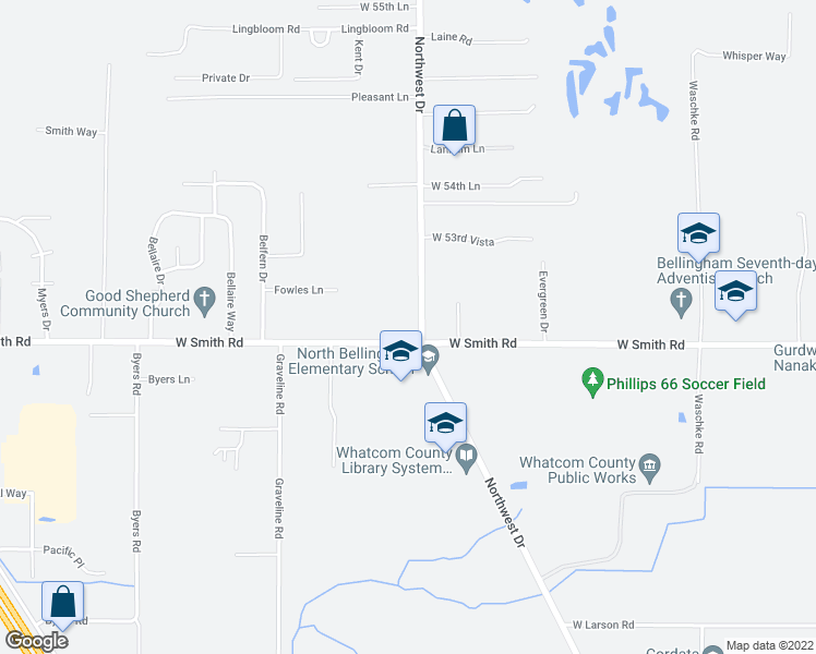 map of restaurants, bars, coffee shops, grocery stores, and more near 5317 Northwest Dr in Bellingham