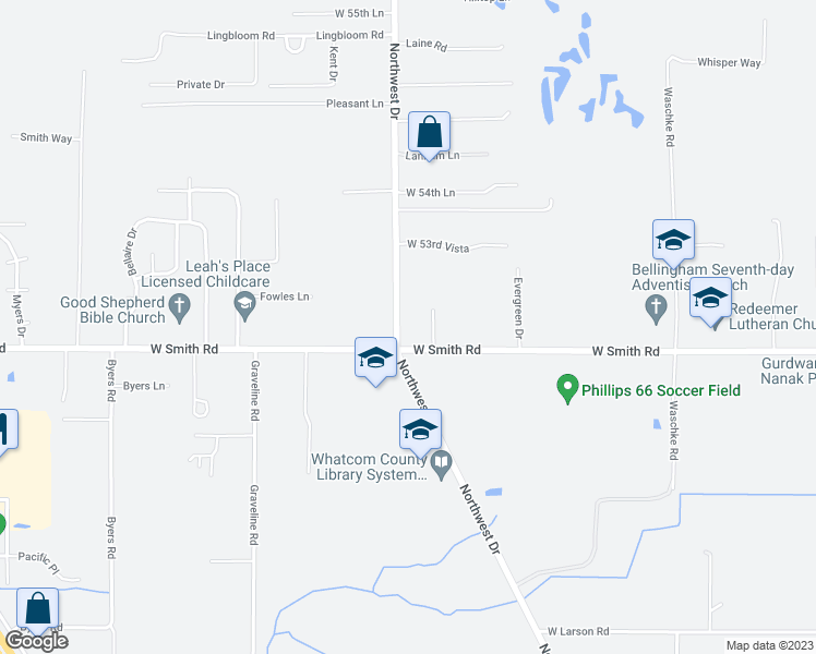 map of restaurants, bars, coffee shops, grocery stores, and more near 5317 Northwest Drive in Bellingham