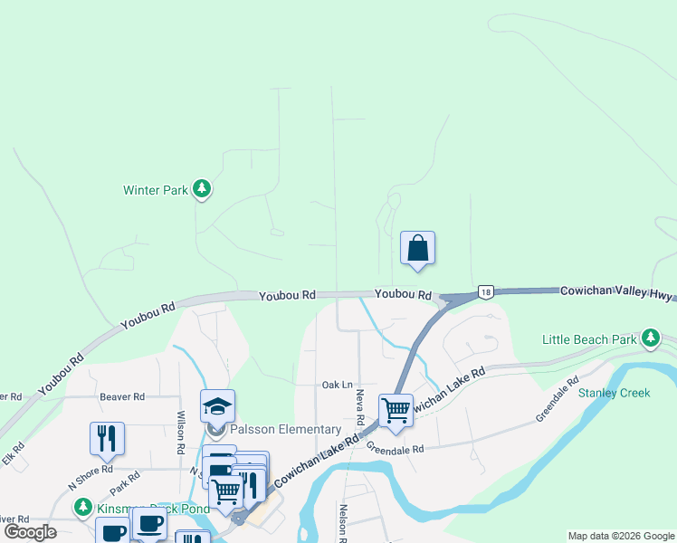 map of restaurants, bars, coffee shops, grocery stores, and more near 7353 Neva Road in Lake Cowichan
