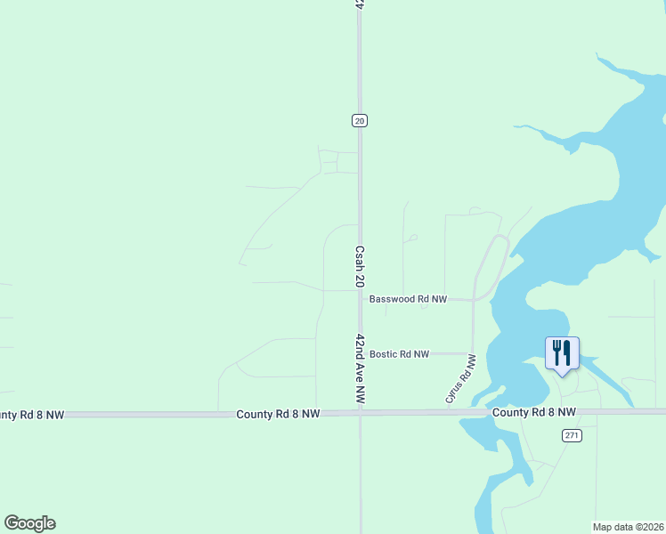 map of restaurants, bars, coffee shops, grocery stores, and more near 3356 42nd Avenue Northwest in Baudette