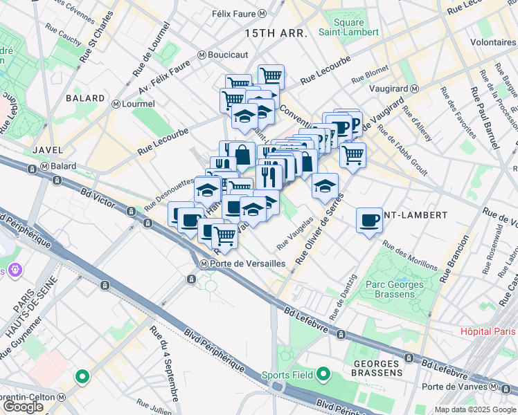 map of restaurants, bars, coffee shops, grocery stores, and more near 366 Rue de Vaugirard in Paris