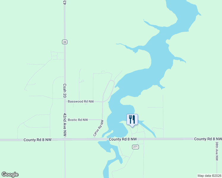 map of restaurants, bars, coffee shops, grocery stores, and more near 3298 Cyrus Road Northwest in Baudette