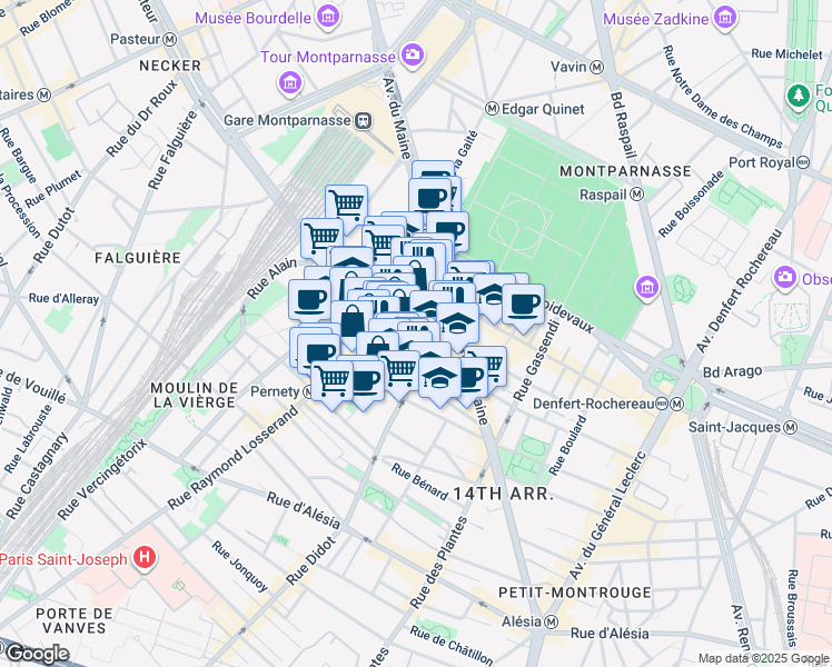 map of restaurants, bars, coffee shops, grocery stores, and more near 7 Rue Edouard Jacques in Paris