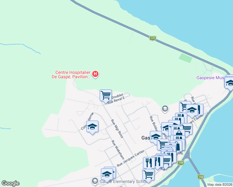 map of restaurants, bars, coffee shops, grocery stores, and more near 172 Rue Doublet in Gaspé