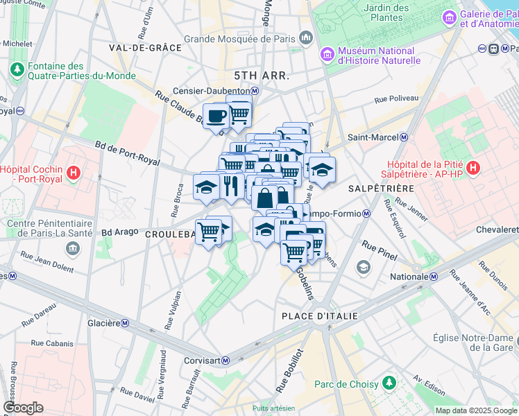 map of restaurants, bars, coffee shops, grocery stores, and more near 8 Rue des Gobelins in Paris