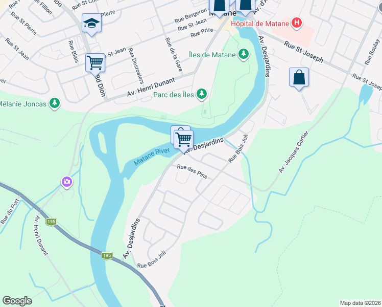 map of restaurants, bars, coffee shops, grocery stores, and more near 257 Avenue Desjardins in Matane