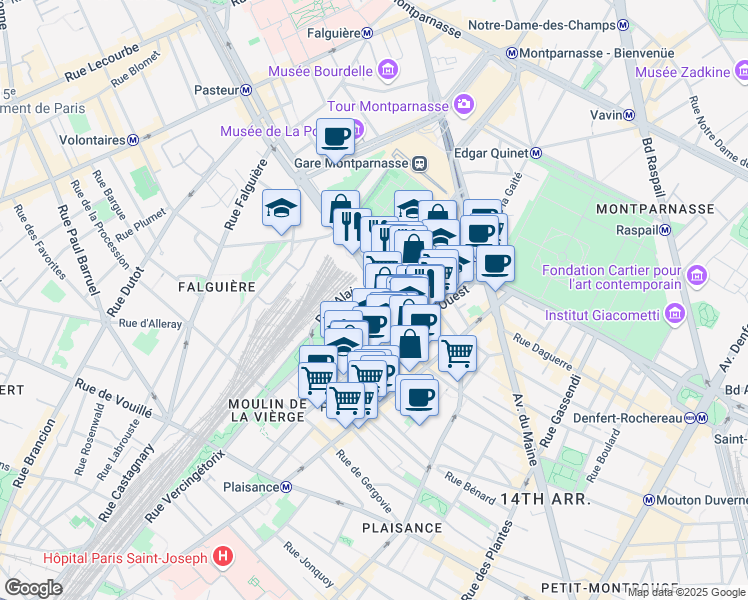 map of restaurants, bars, coffee shops, grocery stores, and more near 13 Place de Catalogne in Paris