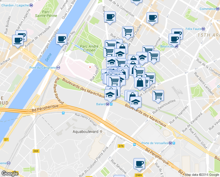 map of restaurants, bars, coffee shops, grocery stores, and more near 85 Rue Leblanc in Paris