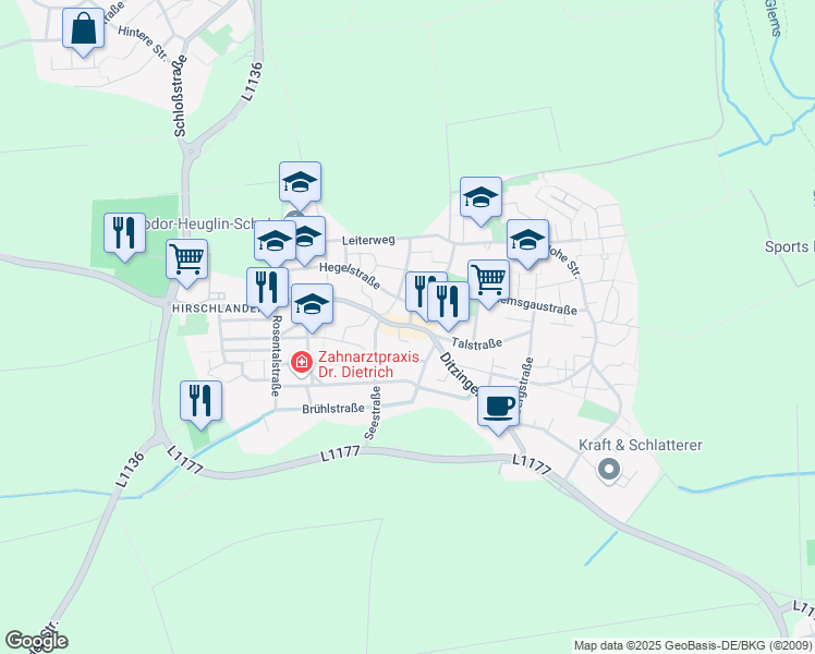 map of restaurants, bars, coffee shops, grocery stores, and more near 8 Ditzinger Straße in Ditzingen