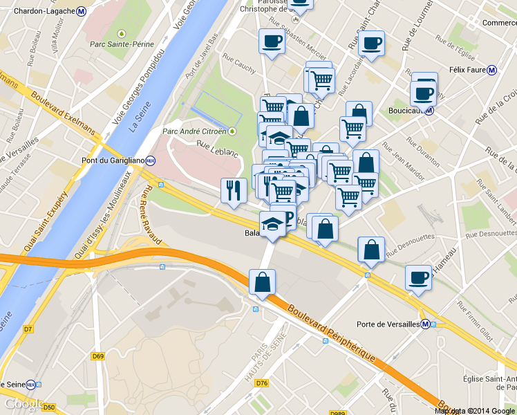 map of restaurants, bars, coffee shops, grocery stores, and more near 80 Rue Leblanc in Paris