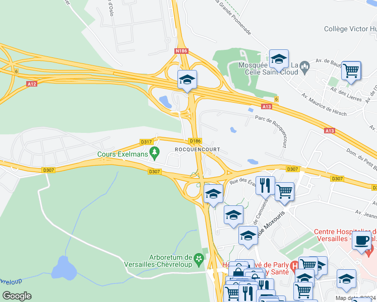 map of restaurants, bars, coffee shops, grocery stores, and more near in Rocquencourt