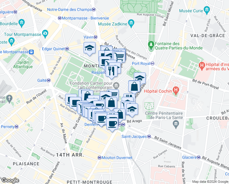 map of restaurants, bars, coffee shops, grocery stores, and more near 261 Boulevard Raspail in Paris