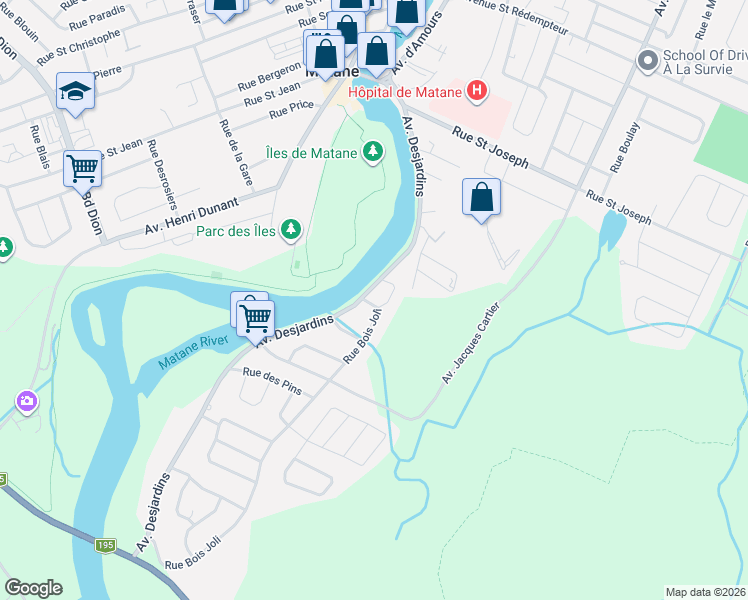 map of restaurants, bars, coffee shops, grocery stores, and more near 179 Avenue Desjardins in Matane