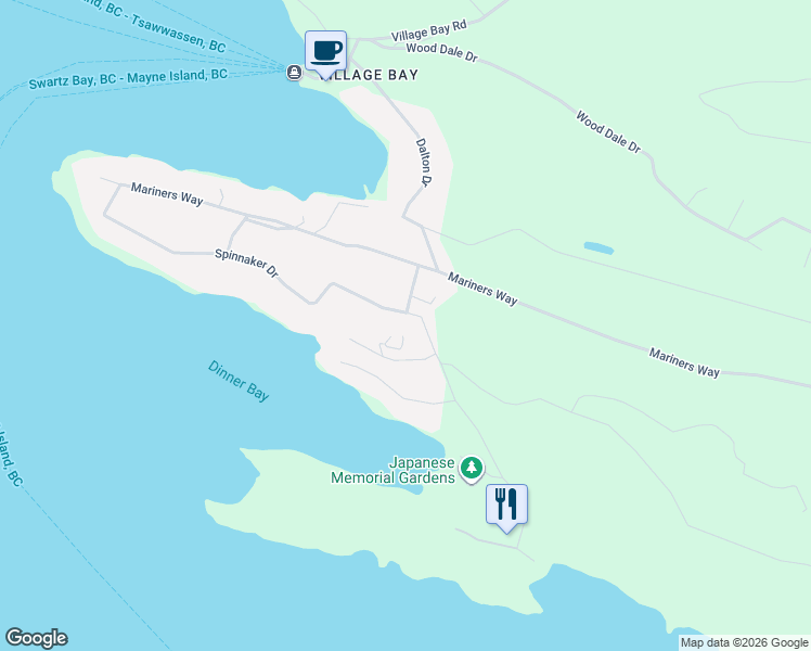 map of restaurants, bars, coffee shops, grocery stores, and more near Dinner Point Road in Mayne Island