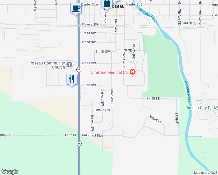 map of restaurants, bars, coffee shops, grocery stores, and more near 207 7th Street Southwest in Roseau
