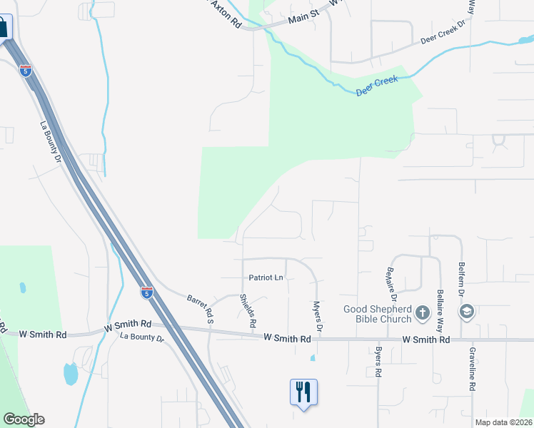 map of restaurants, bars, coffee shops, grocery stores, and more near 5458 Shields Road in Ferndale