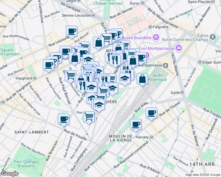 map of restaurants, bars, coffee shops, grocery stores, and more near 36 Rue du Cotentin in Paris
