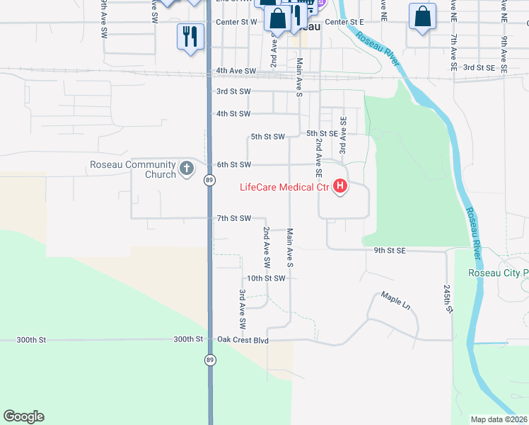 map of restaurants, bars, coffee shops, grocery stores, and more near 207 7th Street Southwest in Roseau