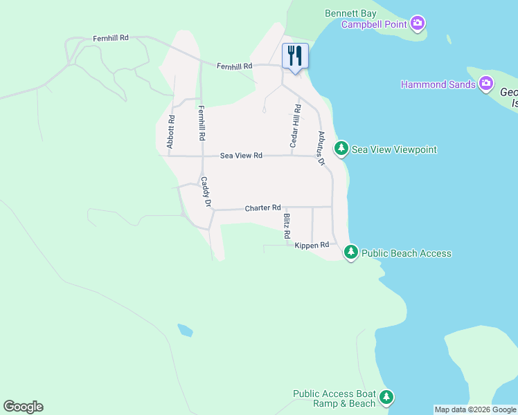 map of restaurants, bars, coffee shops, grocery stores, and more near Charter Road in Mayne Island