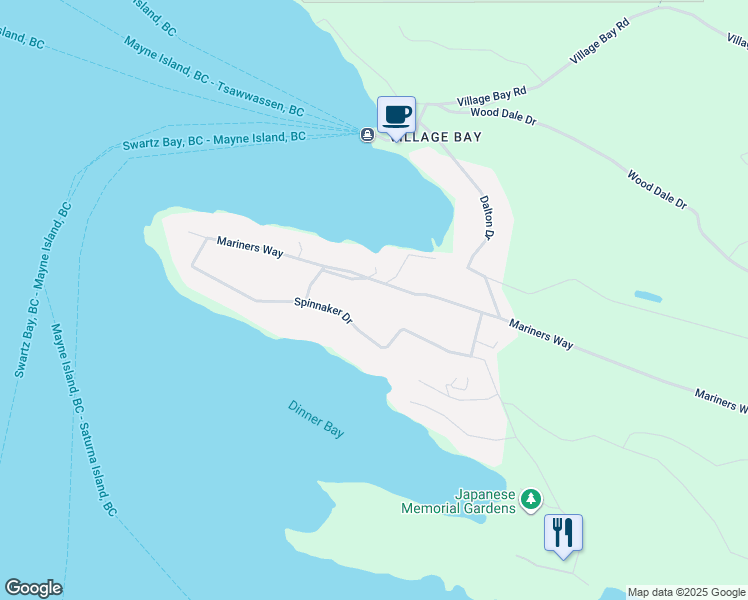 map of restaurants, bars, coffee shops, grocery stores, and more near 240 Mariners Way in Mayne Island