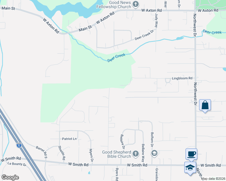 map of restaurants, bars, coffee shops, grocery stores, and more near 5484 Bel West Drive in Bellingham