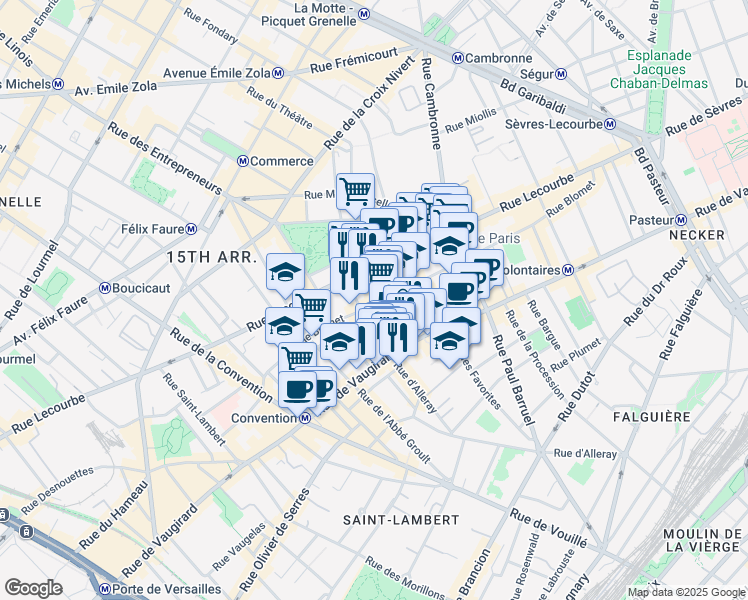 map of restaurants, bars, coffee shops, grocery stores, and more near 14 Rue Pétel in Paris