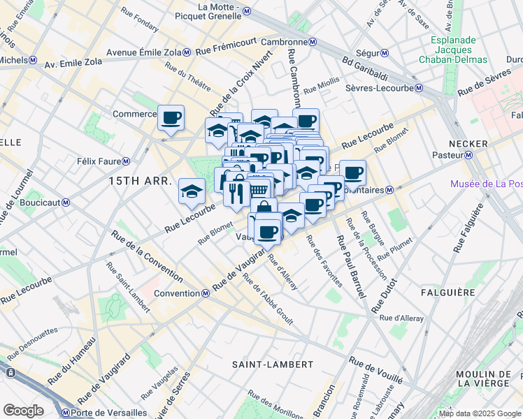 map of restaurants, bars, coffee shops, grocery stores, and more near 30 Rue Péclet in Paris