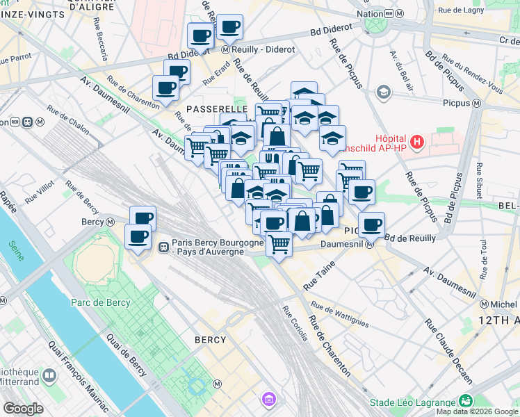 map of restaurants, bars, coffee shops, grocery stores, and more near in Paris