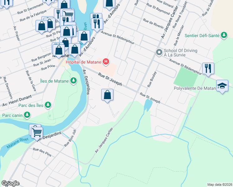 map of restaurants, bars, coffee shops, grocery stores, and more near 207 Rue Côté in Matane