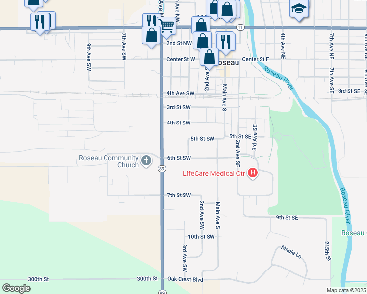 map of restaurants, bars, coffee shops, grocery stores, and more near 508 3rd Avenue Southwest in Roseau