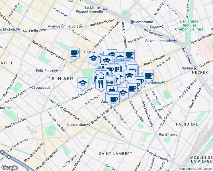 map of restaurants, bars, coffee shops, grocery stores, and more near 4 Rue Pétel in Paris