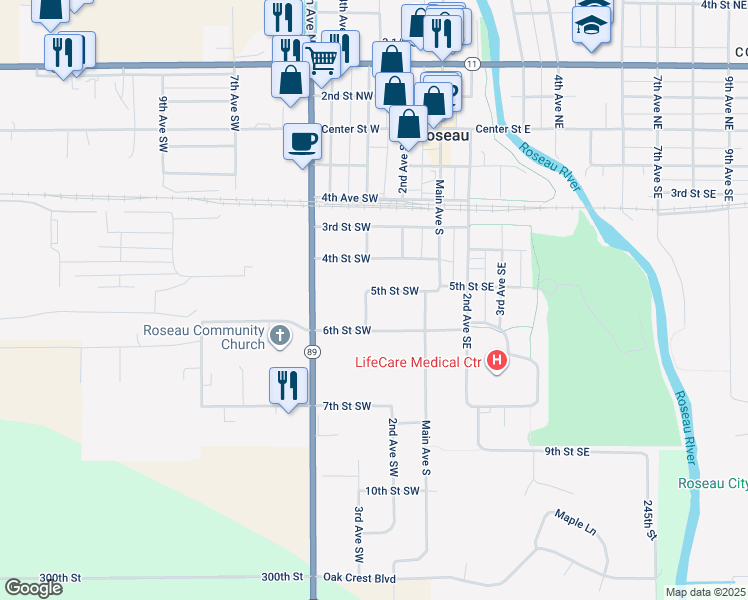 map of restaurants, bars, coffee shops, grocery stores, and more near 508 3rd Avenue Southwest in Roseau