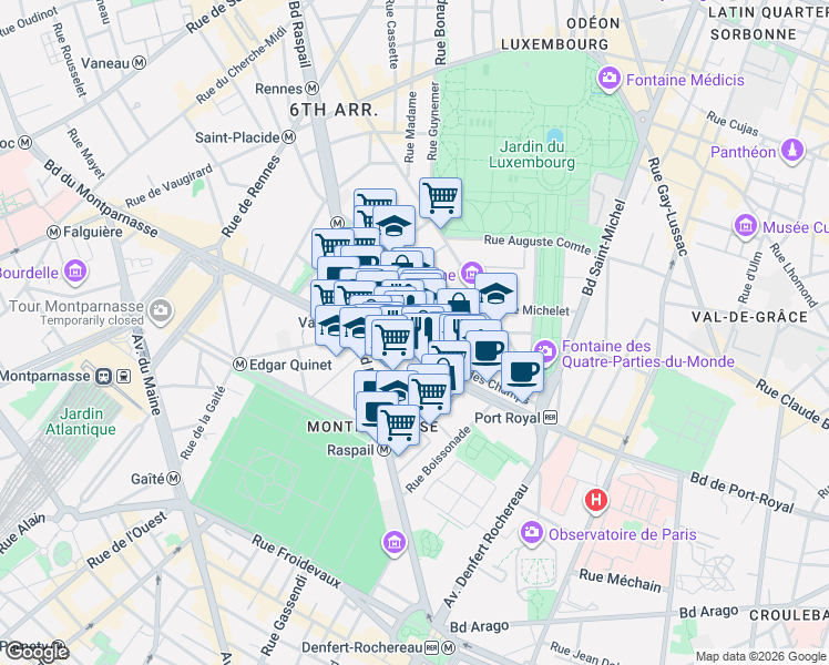 map of restaurants, bars, coffee shops, grocery stores, and more near 4 Rue de Chevreuse in Paris