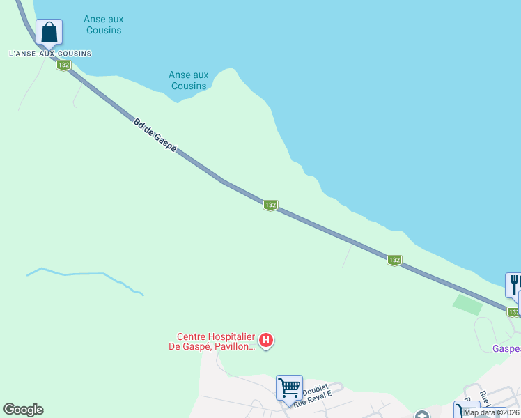 map of restaurants, bars, coffee shops, grocery stores, and more near 187 Boulevard de Gaspé in Gaspé