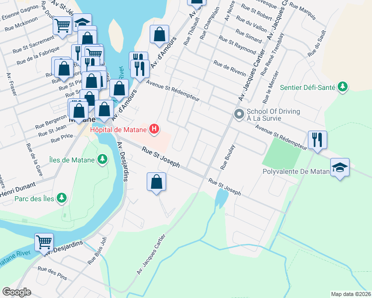 map of restaurants, bars, coffee shops, grocery stores, and more near 321 Rue Larochelle in Matane