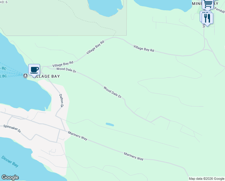 map of restaurants, bars, coffee shops, grocery stores, and more near Wood Dale Drive in Mayne Island