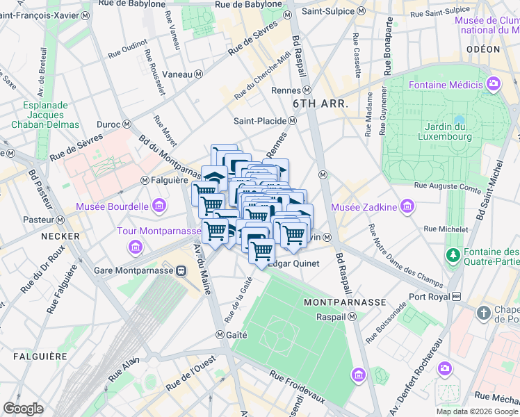 map of restaurants, bars, coffee shops, grocery stores, and more near 70 Boulevard du Montparnasse in Paris