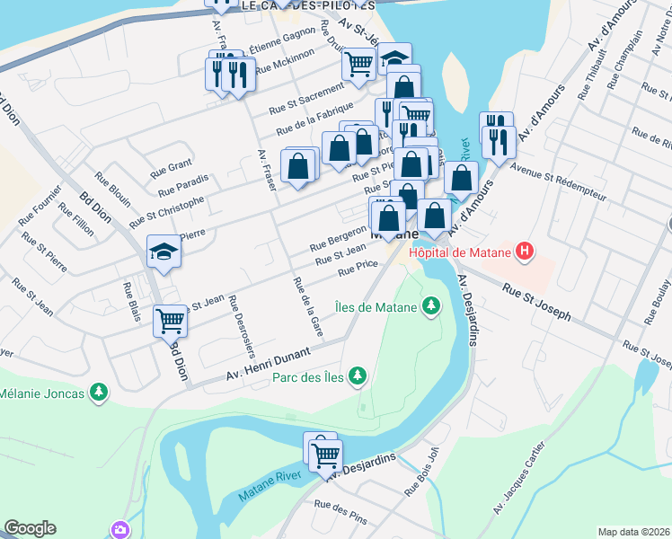 map of restaurants, bars, coffee shops, grocery stores, and more near 246 Rue Price in Matane