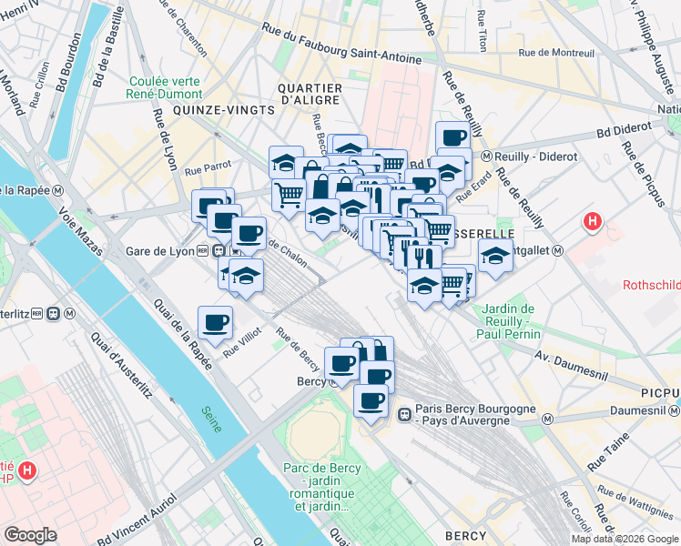 map of restaurants, bars, coffee shops, grocery stores, and more near Rue de Rambouillet in Paris