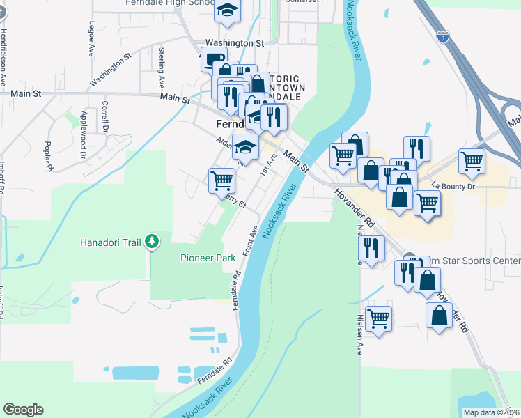 map of restaurants, bars, coffee shops, grocery stores, and more near 5605 Front Avenue in Ferndale