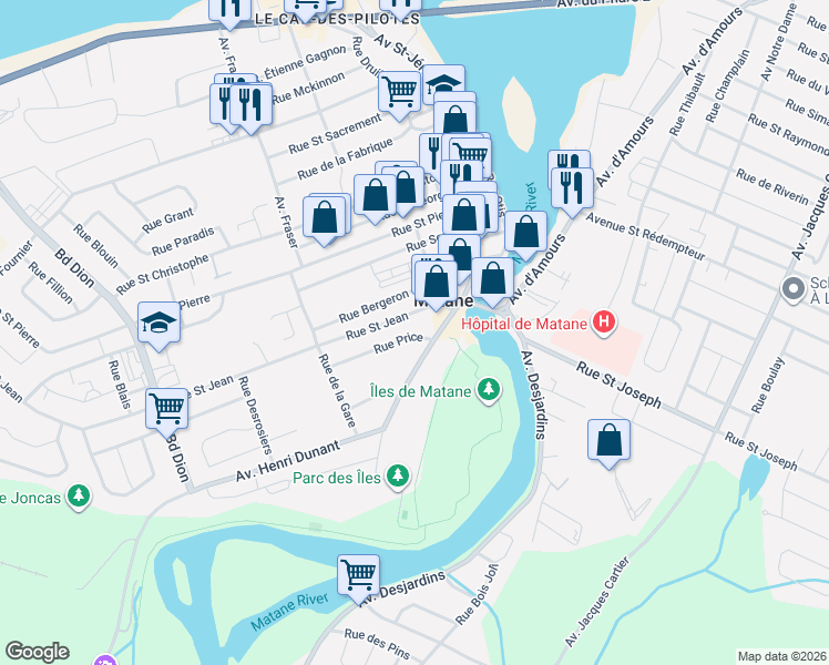 map of restaurants, bars, coffee shops, grocery stores, and more near 156 Rue Price in Matane