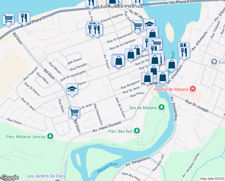 map of restaurants, bars, coffee shops, grocery stores, and more near 284 Rue Bergeron in Matane