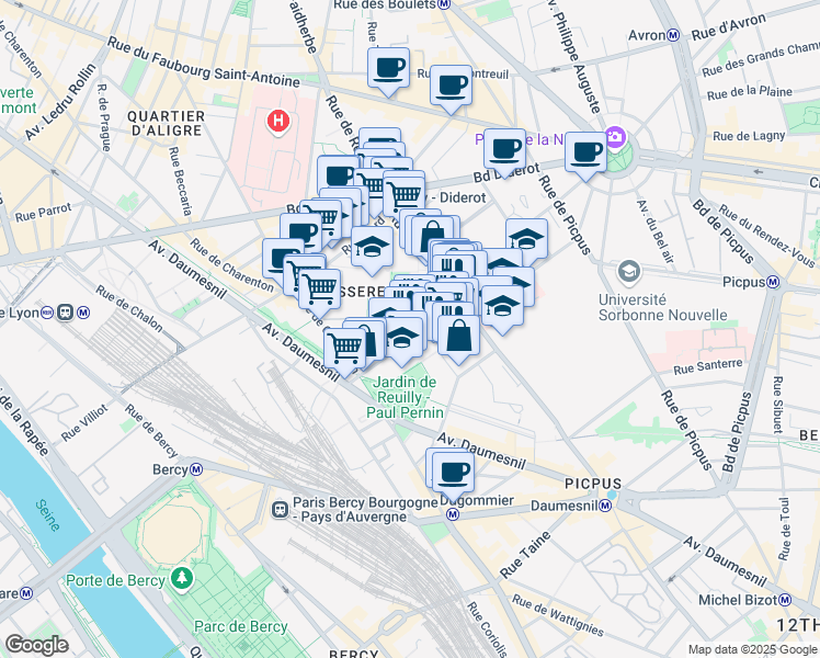 map of restaurants, bars, coffee shops, grocery stores, and more near in Paris