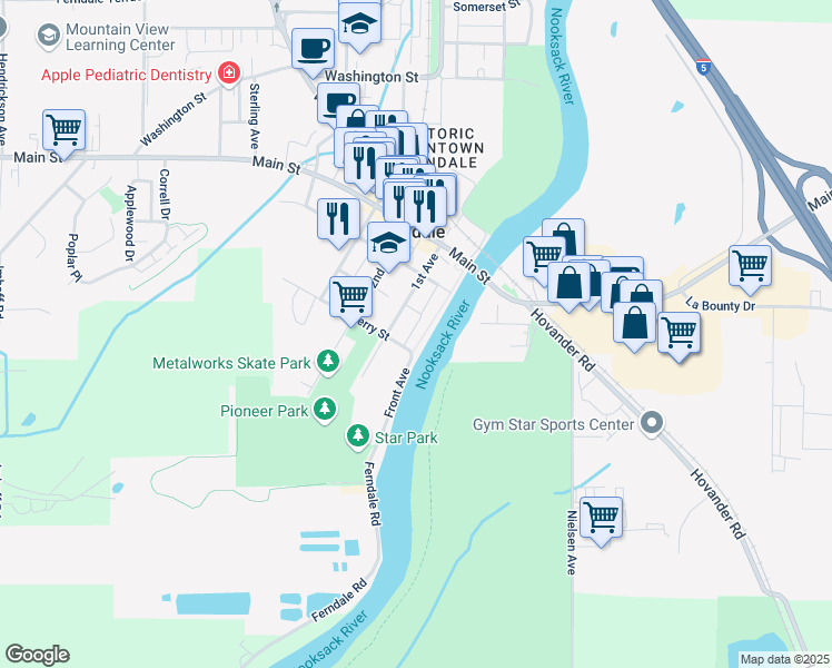 map of restaurants, bars, coffee shops, grocery stores, and more near 5623 Front Avenue in Ferndale
